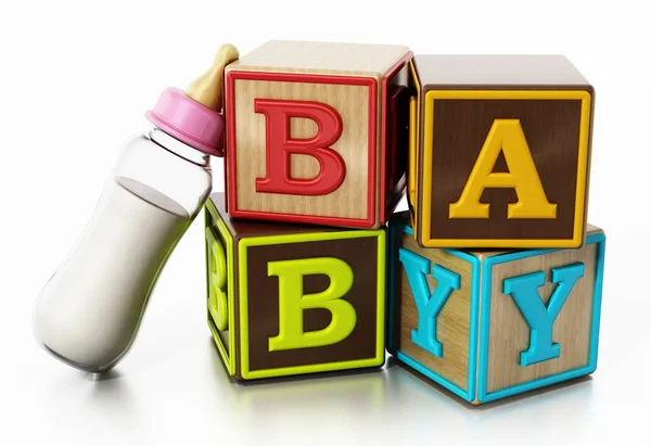 Cubes de bébé et biberon isolé sur fond blanc. Illustration 3D — Photo