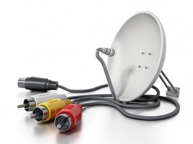 Uydu anteni ve S-video kabloları beyaz arka plan üzerinde izole. 3D çizim