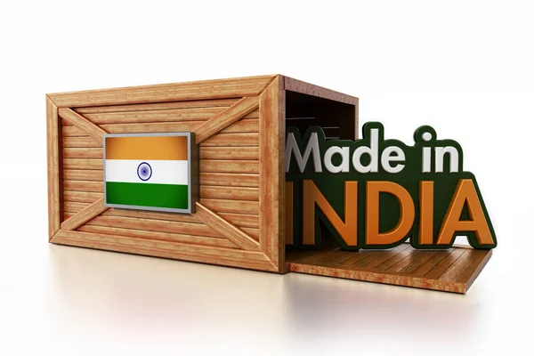 Κατασκευασμένα στην Ινδία κείμενο μέσα σε πλαίσιο φορτίο με ινδική σημαία. 3D απεικόνιση — Φωτογραφία Αρχείου