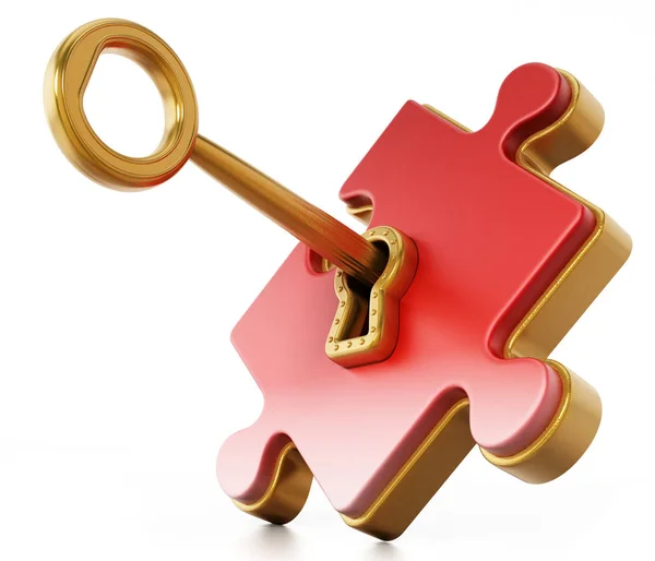 Goldener Schlüssel entriegelt rotes Puzzleteil. 3D-Illustration — Stockfoto