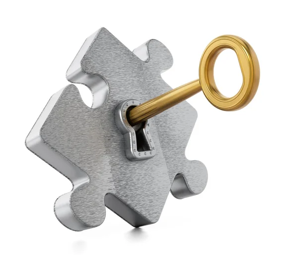 Arany kulcs felszabadítása fémes puzzle-darabot. 3D-s illusztráció — Stock Fotó