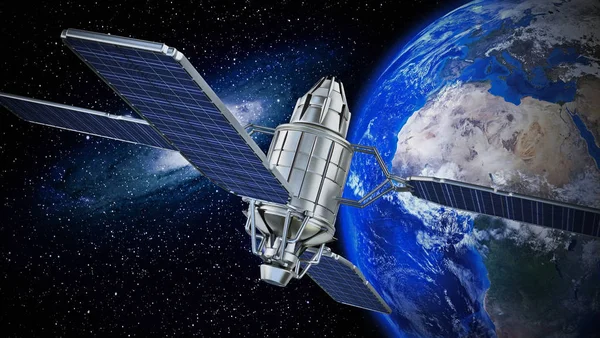 Спутник связи, вращающийся вокруг Земли. 3D иллюстрация — стоковое фото