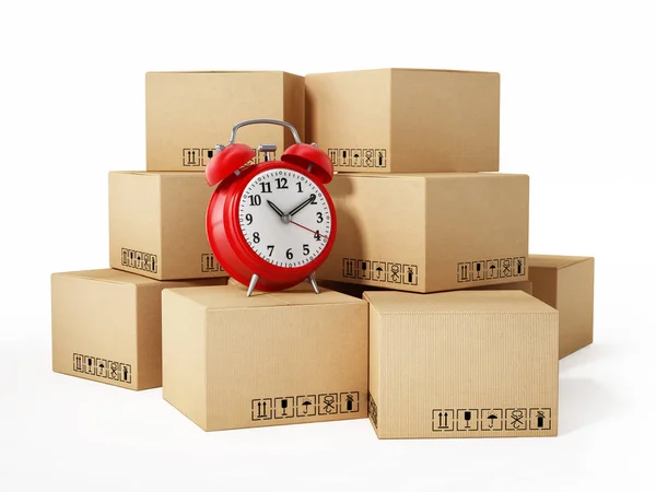 Cargo boxes and alarm clock isolated on white background. 3D illustration — Stock Photo, Image