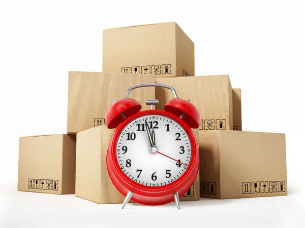 Cargo boxes and alarm clock isolated on white background. 3D illustration — Stock Photo, Image