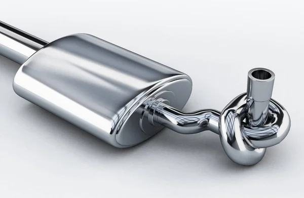 Schalldämpfer der Abgase des in einem Knoten gebundenen Autos. 3D-Illustration — Stockfoto