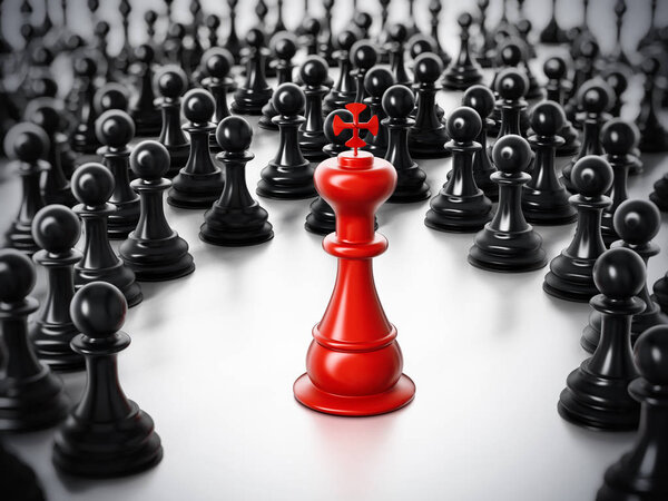 Красный шахматист стоит среди белых пешек. 3D иллюстрация
