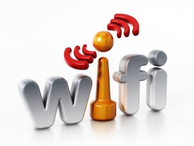 WiFi logo ve kablosuz bağlantı simgesi. 3D çizim