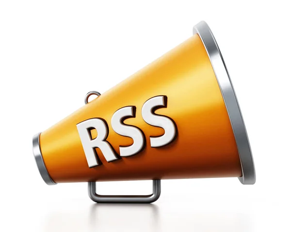 Orangefarbenes Megafon mit RSS-Text isoliert auf weißem Hintergrund. 3D-Illustration — Stockfoto