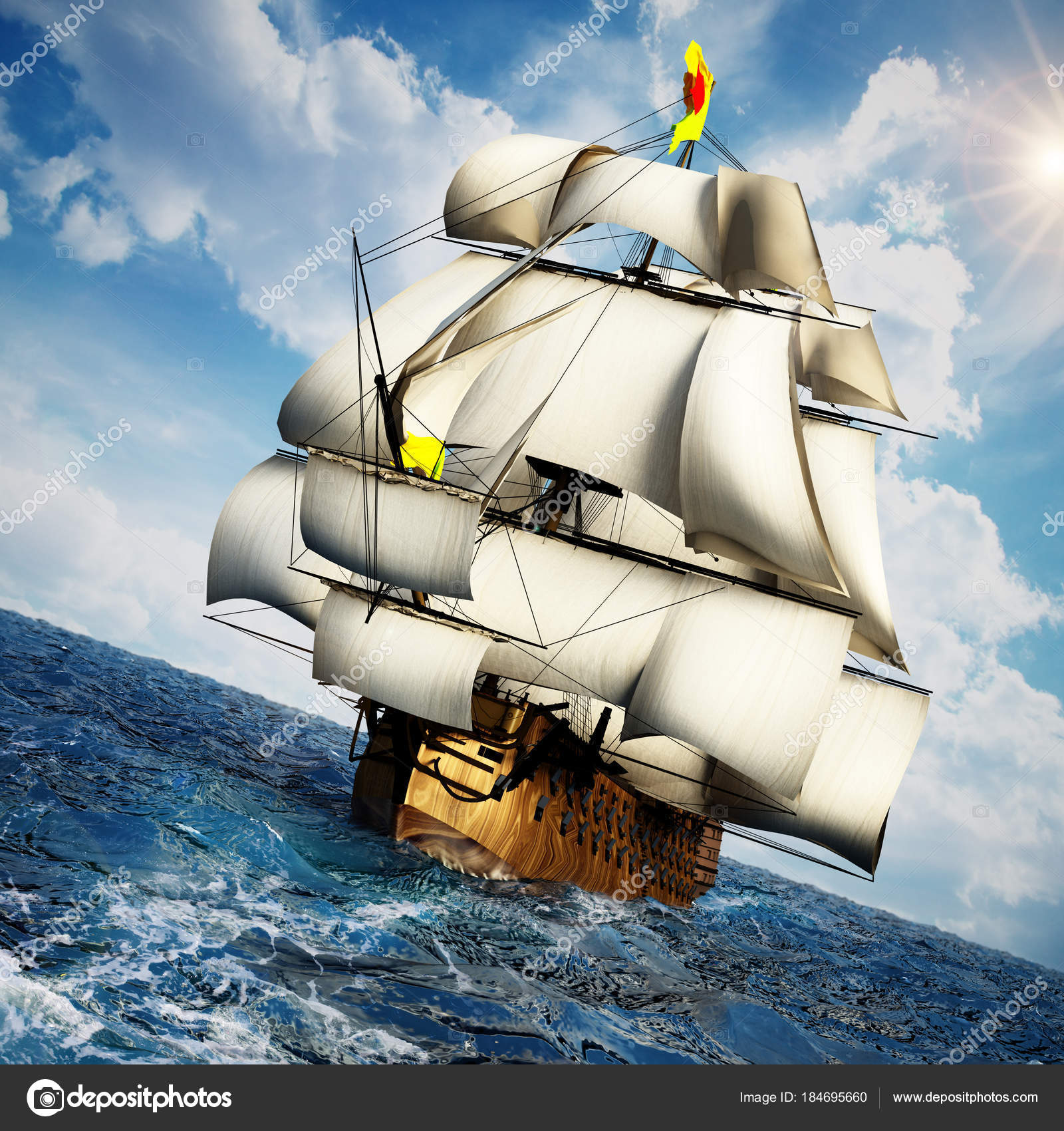Vintage sailing ship at the sea under clear sky. 3D illustration