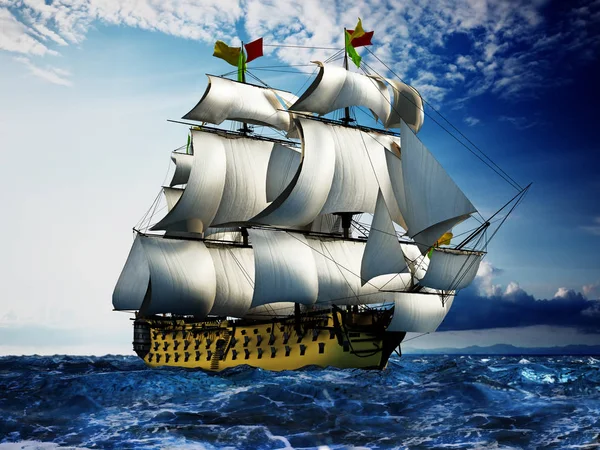 Vintage sailing ship at the sea under clear sky. 3D illustration — Stock Photo, Image