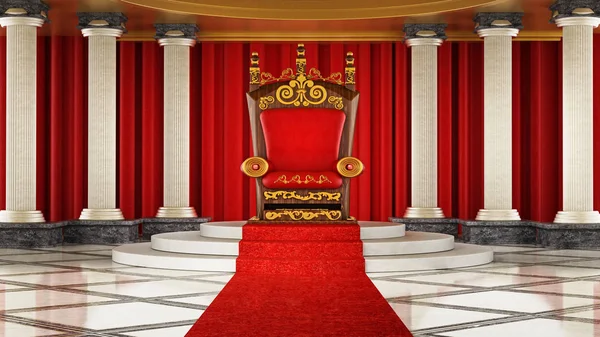 Röda mattan leder till lyxiga tronen. 3D illustration — Stockfoto