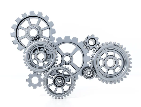 Gears in motion representing teamwork and cooperation. 3D illustration — Stock Photo, Image