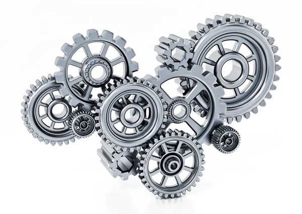 Gears in motion representing teamwork and cooperation. 3D illustration — Stock Photo, Image