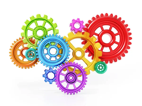 Gears in motion representing teamwork and cooperation. 3D illustration — Stock Photo, Image