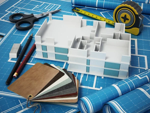 Hem Utsmyckning verktyg stående på hus bluprints. 3D illustration — Stockfoto