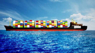 Cargo ship loaded with multi colored containers. 3D illustration clipart