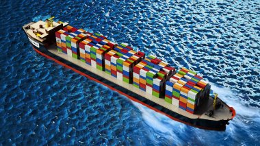 Kargo gemisi ile konteyner renkli çok yüklü. 3D çizim