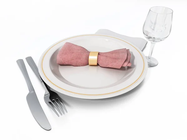 Piatto di servizio, forchetta, coltello, bicchiere di vino e tovagliolo. Illustrazione 3D — Foto Stock