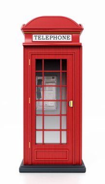 Kırmızı İngiliz telefon kulübesi beyaz arka plan üzerinde izole. 3D çizim