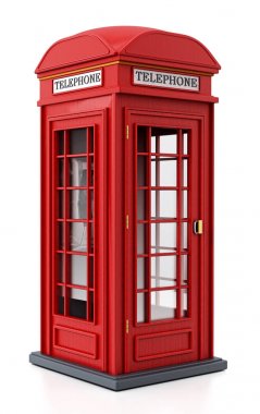 Kırmızı İngiliz telefon kulübesi beyaz arka plan üzerinde izole. 3D çizim