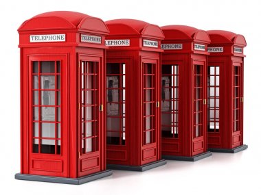 Kırmızı İngiliz beyaz arka plan üzerinde izole kabinleri telefon. 3D çizim
