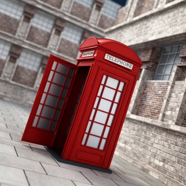 Kırmızı İngiliz telefon kulübesi sokakta. 3D çizim