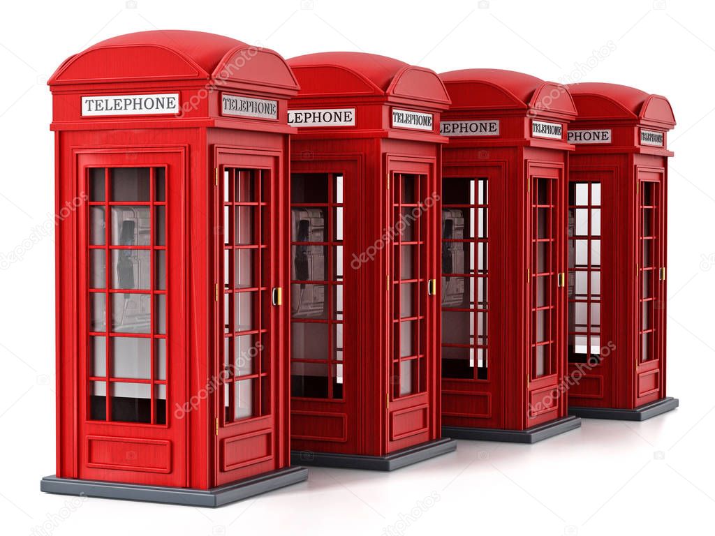 Red British phone booths isolated on white background. 3D illustration