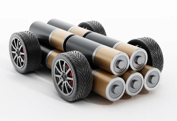 Колеса и шины подключены к батарее АА. 3D иллюстрация — стоковое фото