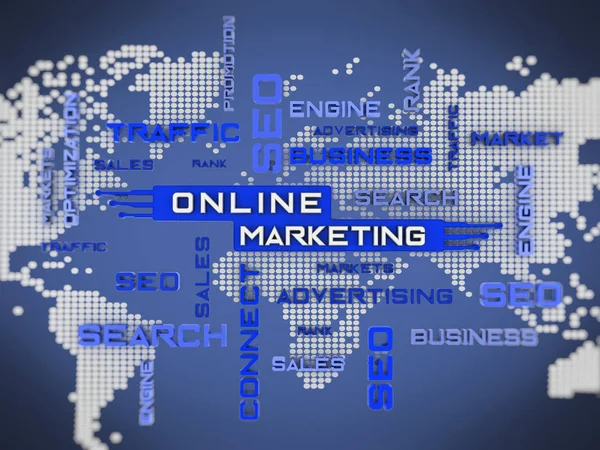 Cruciverba di marketing online con sfondo mappa del mondo. Illustrazione 3D — Foto Stock