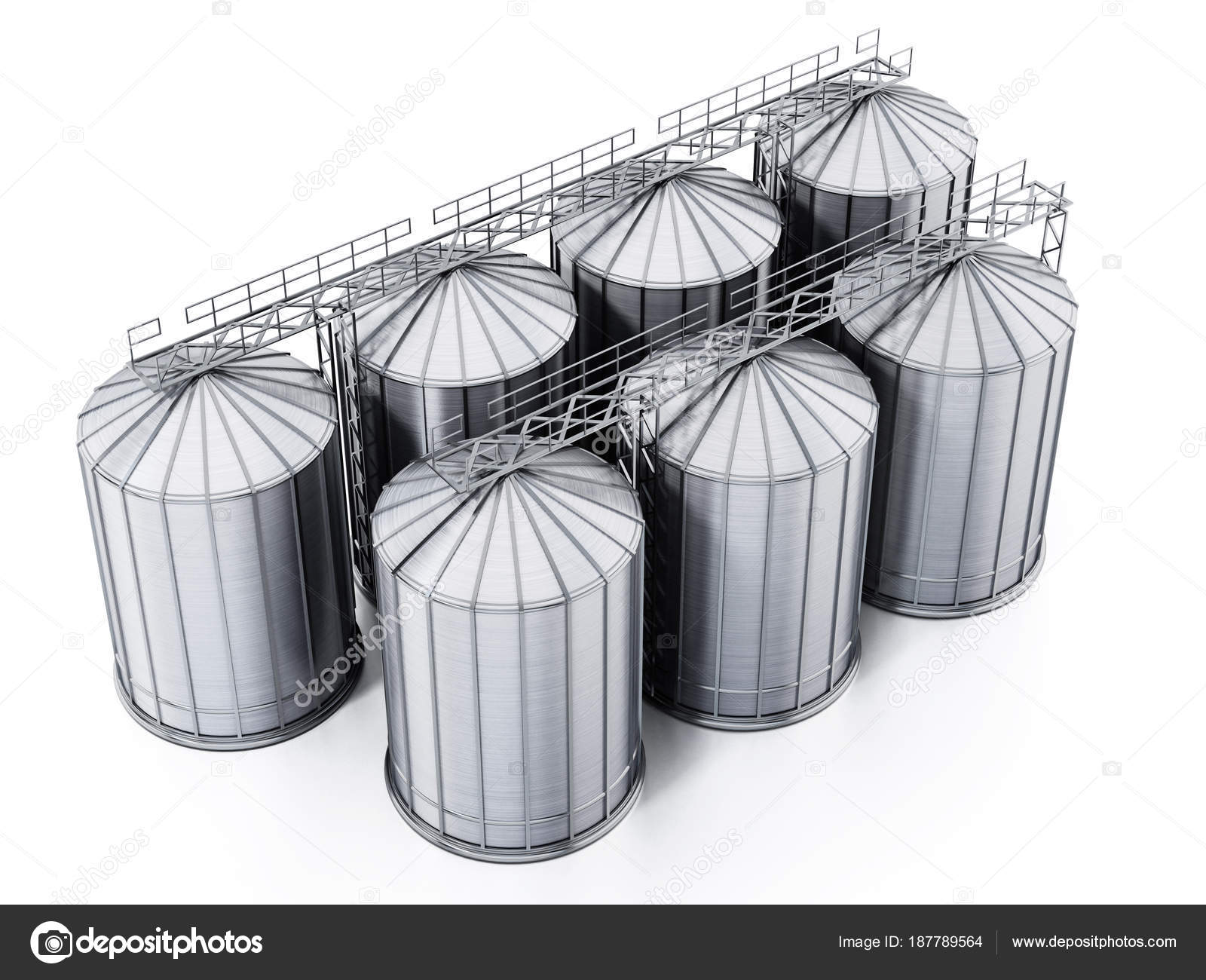 Corrugated steel grain silos isolated on white background. 3D