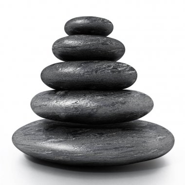 Beyaz arka plan üzerinde izole siyah masaj taş yığını. 3D çizim