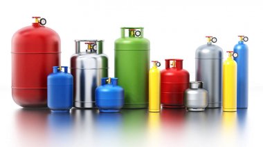 Beyaz arka plan üzerinde izole çok renkli gaz tüpleri. 3D çizim