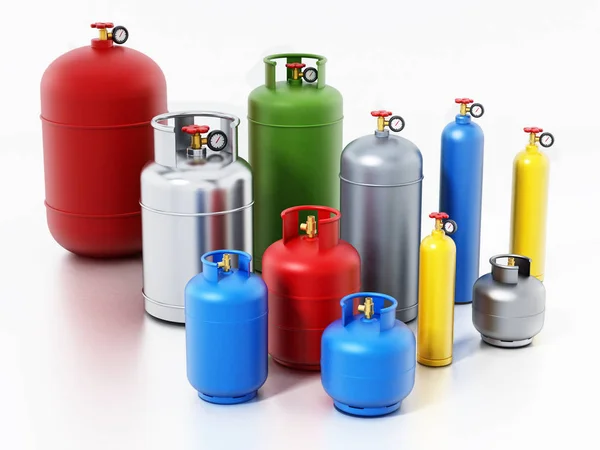 Bouteilles de gaz multicolores isolées sur fond blanc. Illustration 3D — Photo