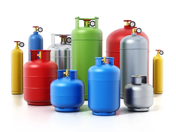 Bouteilles de gaz multicolores isolées sur fond blanc. Illustration 3D — Photo