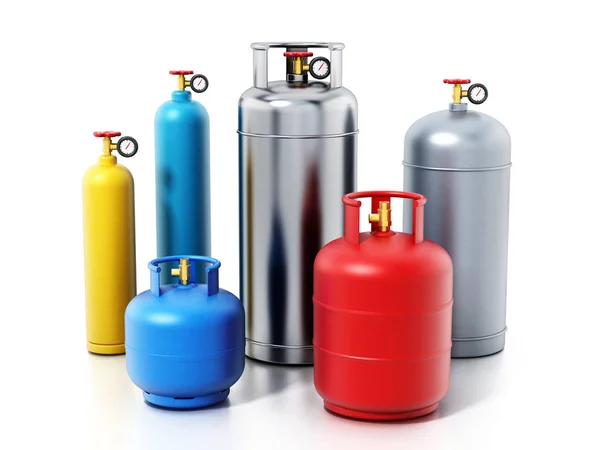 Bouteilles de gaz multicolores isolées sur fond blanc. Illustration 3D — Photo