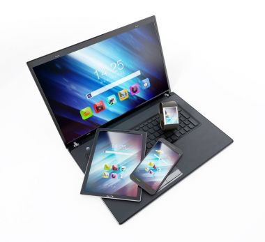 Dizüstü bilgisayar, tablet pc, smartphone ve akıllı telefon. 3D çizim