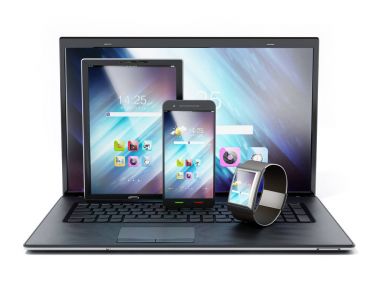 Dizüstü bilgisayar, tablet pc, smartphone ve akıllı telefon. 3D çizim