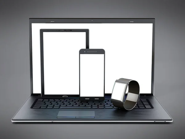 คอมพิวเตอร์แล็ปท็อป แท็บเล็ตพีซี สมาร์ทโฟน และสมาร์ทโฟน รูปแบบ 3 มิติ — ภาพถ่ายสต็อก