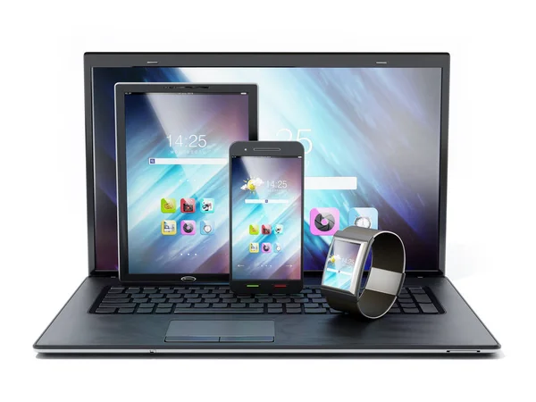 Φορητό υπολογιστή, tablet pc, smartphone και smartphone. 3D απεικόνιση — Φωτογραφία Αρχείου