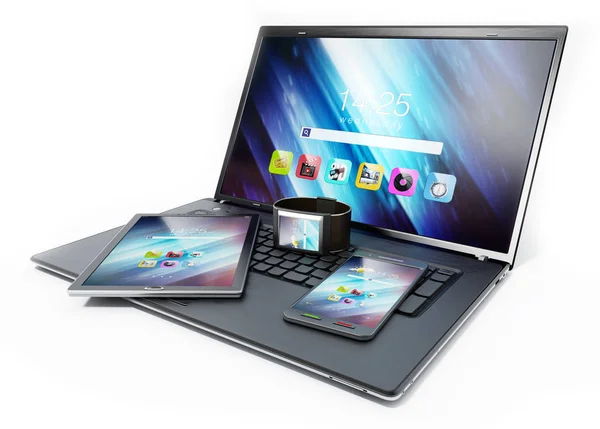 Ordenador portátil, tablet PC, smartphone y smartphone. Ilustración 3D —  Fotos de Stock