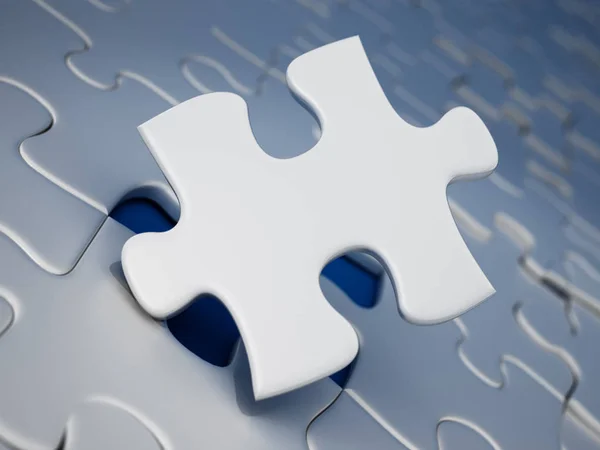 Jigsaw puzzle piece standing next to the missing part hole. 3D illustration — Stock Photo, Image