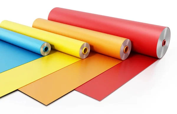 Vibranti pellicole adesive colorate isolate su sfondo bianco. Illustrazione 3D — Foto Stock
