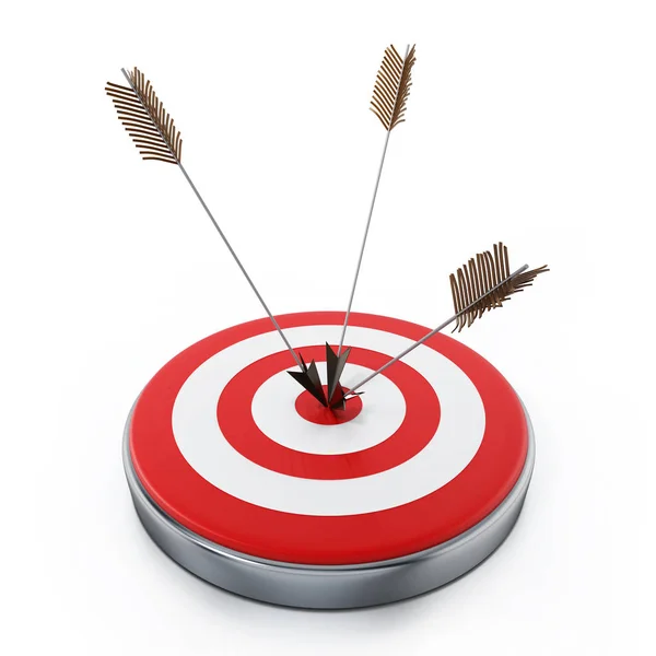 Le frecce colpiscono a destra sul bersaglio bullseye. Illustrazione 3D — Foto Stock