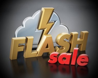 Satılık metin, bulut ve yıldırım ikonuna flash. 3D çizim