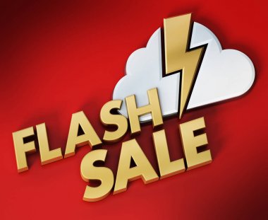 Satılık metin, bulut ve yıldırım ikonuna flash. 3D çizim
