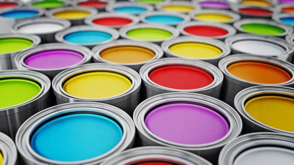 Cor vibrante latas de pintura fundo. Ilustração 3D — Fotografia de Stock