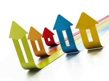 Beyaz arka plan üzerinde yükselen ev fiyatları grafik. 3D çizim