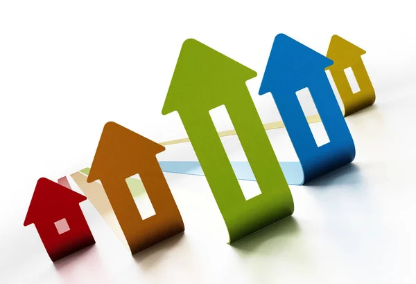 Gráfico de preços da casa em ascensão no fundo branco. Ilustração 3D — Fotografia de Stock