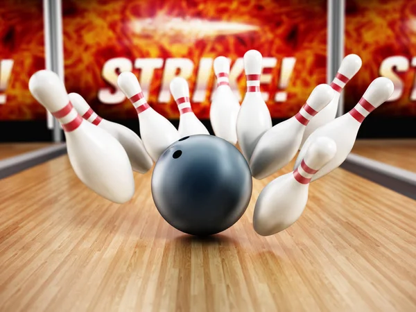 Bowling strejk koncept med rullande boll och pins. 3D illustration — Stockfoto