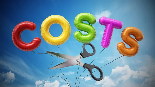 Scissors cut letter shaped balloons form the word cost. 3D illustration — Stock Photo, Image